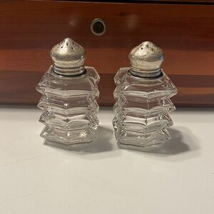 VVintage Art Deco Glass Salt Pepper Shakers Sterling Lids